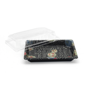 [1,500ct] PS Plastic 6 1/2" x 4 1/2" Sushi Tray Base with Lid | Black