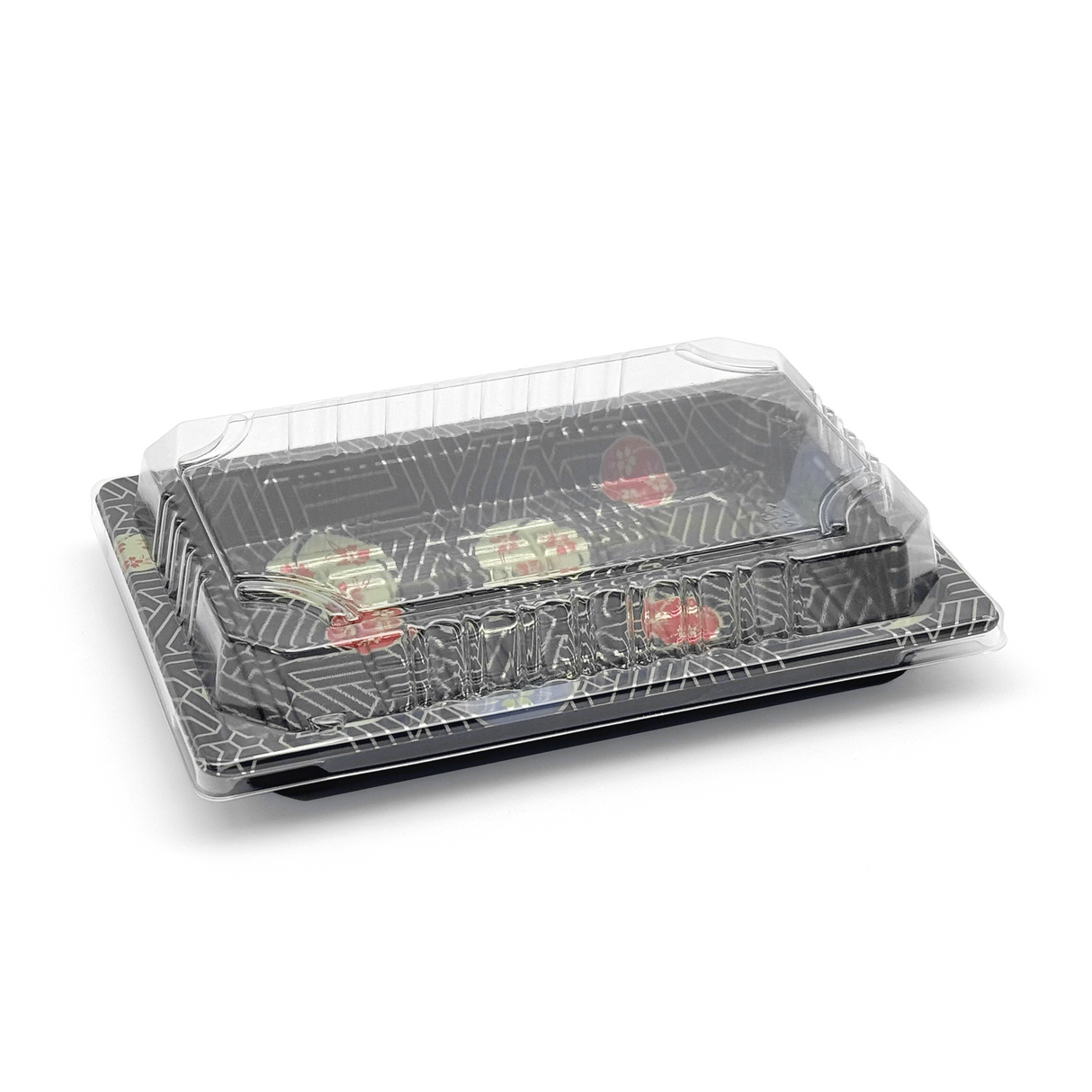 [1,200ct] PS Plastic 7 7/25" x 5 1/10" Sushi Tray Base with Lid | Black