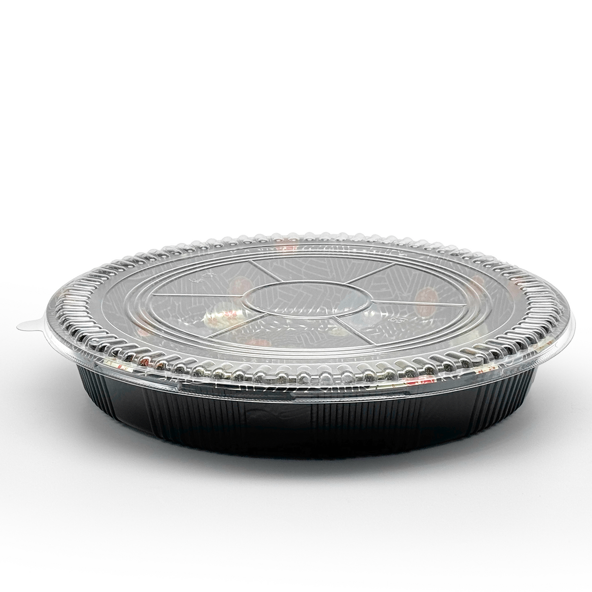 [60ct] 13" PET Sushi Tray with Lid | Round | Black