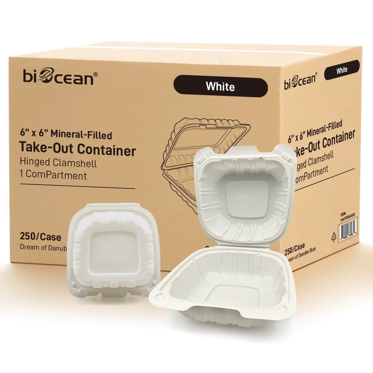 [250ct] 6”x 6“ Mineral Filled PP Hinged Containers | White