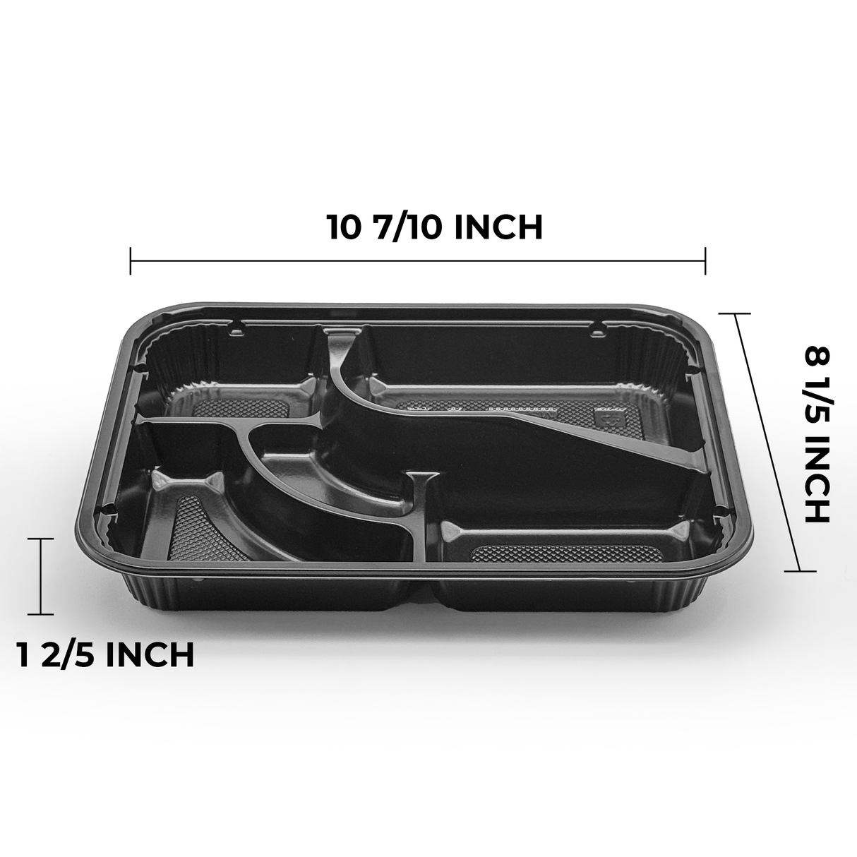 [200ct] PS Plastic 10 7/10" x 8 1/5" Bento Box with lid | 5-compartment | Black