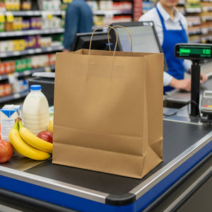 [200ct] 14"  x10" x 15.8" Kraft Paper Customizable Shopping Bags with Handles | Natural