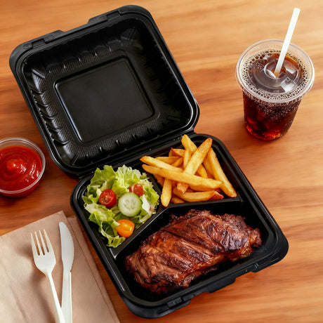 [150ct] 8" x 8" Mineral-Filled PP Hinged Food Containers | 3-Compartment | Black