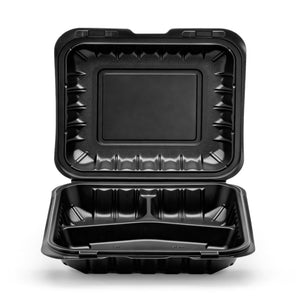[150ct] 9" x 9"  Mineral-Filled PP Hinged Food Containers | 3-Compartment | Black