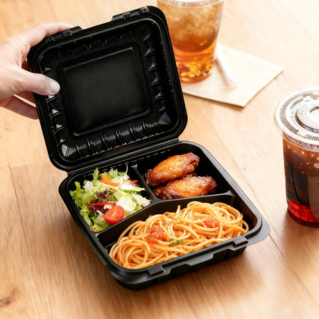 [150ct] 9" x 9"  Mineral-Filled PP Hinged Food Containers | 3-Compartment | Black