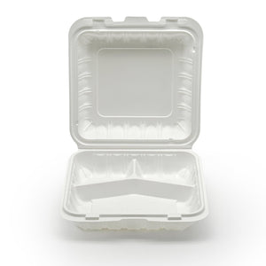 [150ct] 7" x 7" Mineral Filled PP Hinged Food Containers | 3-Compartment  | White