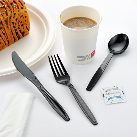 [250ct] PS Plastic Heavy Weight  Cutlery Kits with Salt and Pepper | Black