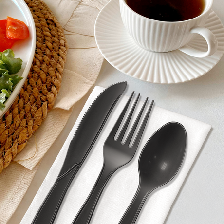 [250ct] PP Plastic Extra Heavy Weight Cutlery Kits with Salt and Pepper | Black