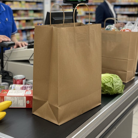 [250ct] 13" x7"x 17"  Kraft Paper Customizable Shopping Bags with Handles | Natural