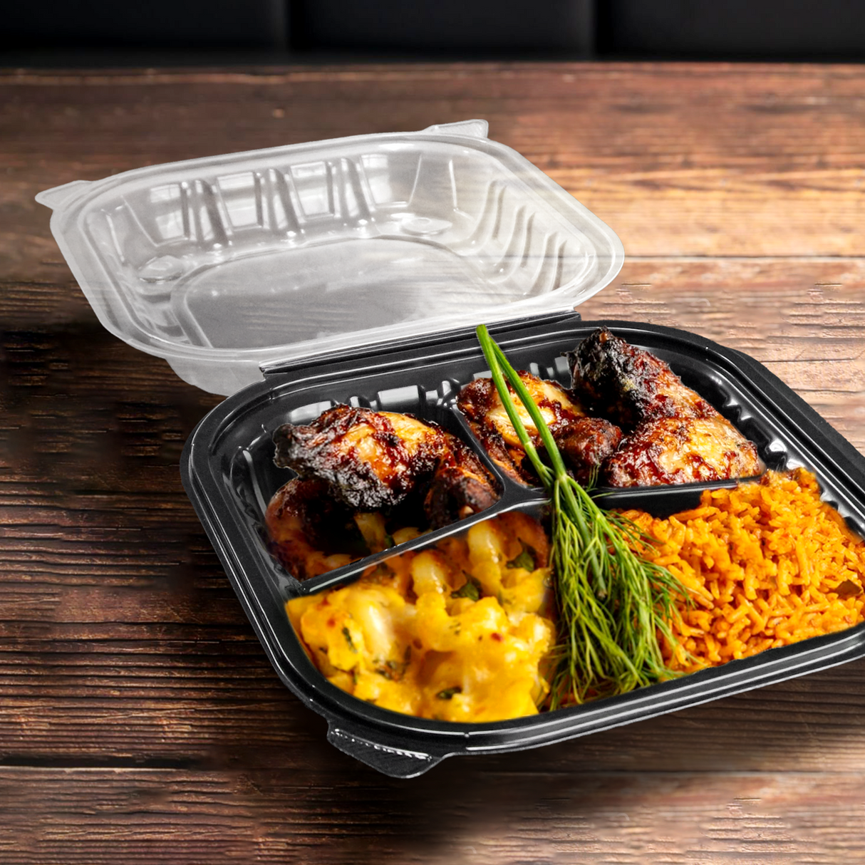 [100ct] 9" x 9"  Premium PP Hinged Food Containers | 3-Compartment | Clear and Black