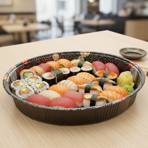 [60ct] 13.7" PET Sushi Tray with Lid | Round | Black