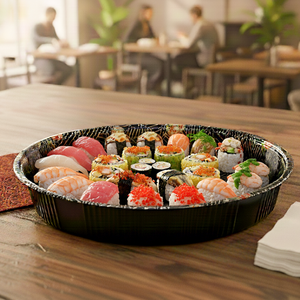 [60ct] 13.7" PET Sushi Tray with Lid | Round | Black