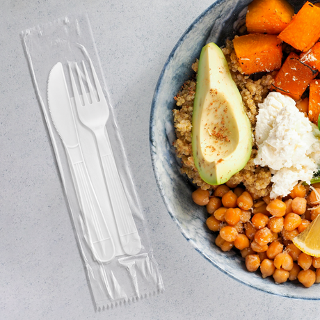 [500ct] PP Plastic Heavy Weight Cutlery Kits (Knife, Fork, Napkin) | White