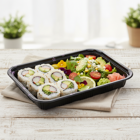 [200ct] 10 2/5" x 7 22/25" PS Plastic Rectangular Food Containers & Lids | Black