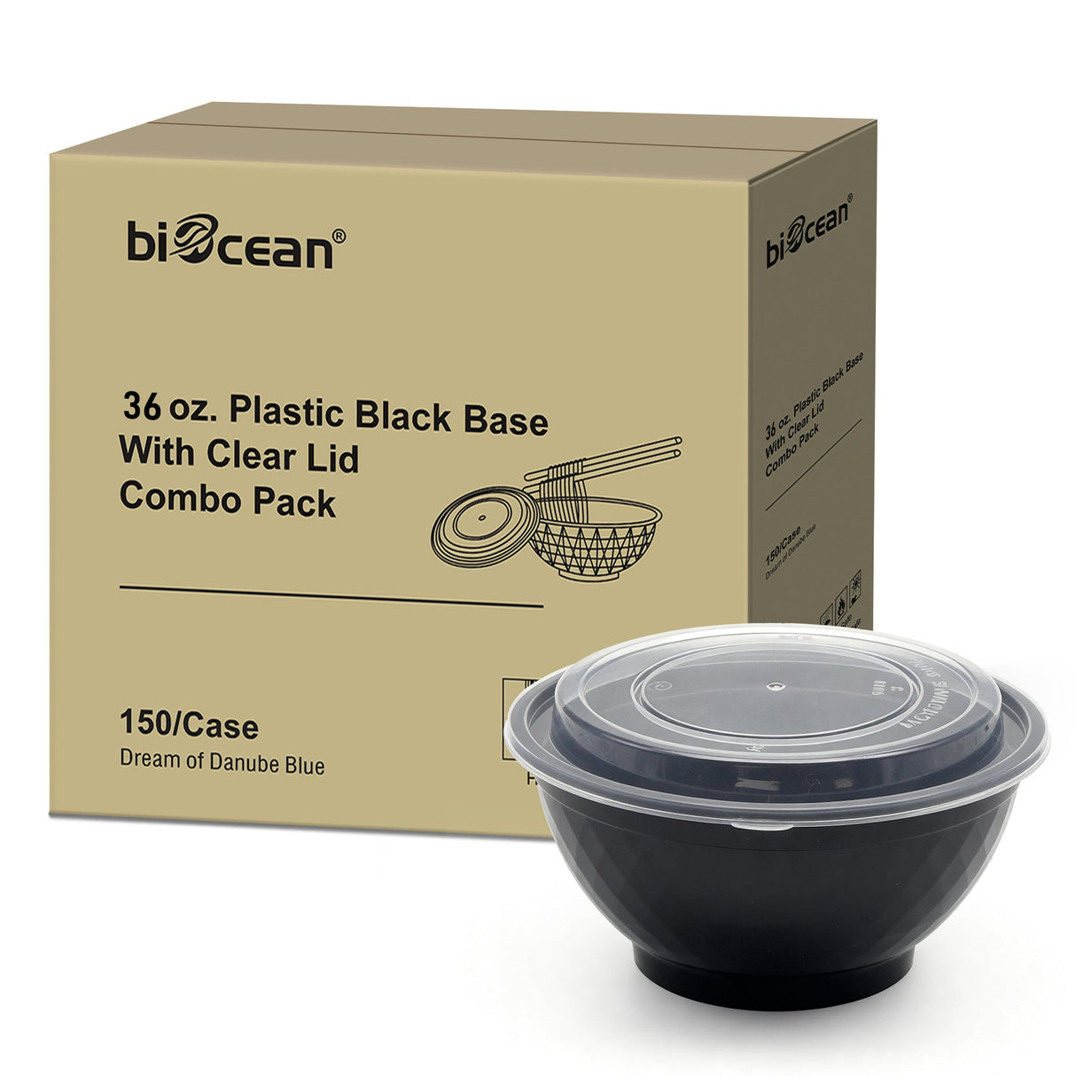 [150ct] 36 oz Microwaveable Heavy Weight Bowls & Lids | Round | Black