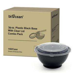 [150ct] 36 oz Microwaveable Heavy Weight Bowls & Lids | Round | Black