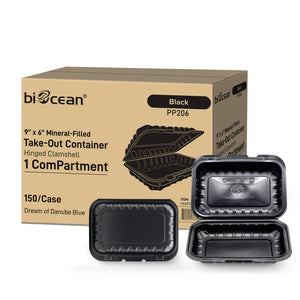 [150ct] 9"x 6" Mineral Filled  PP Hinged Containers | Black