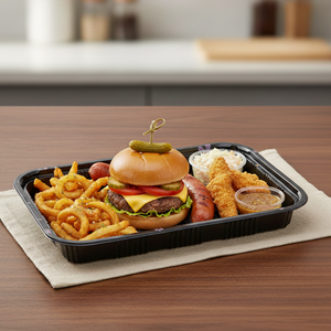 [200ct] 10 2/5" x 7 22/25" PS Plastic Rectangular Food Containers & Lids | Black