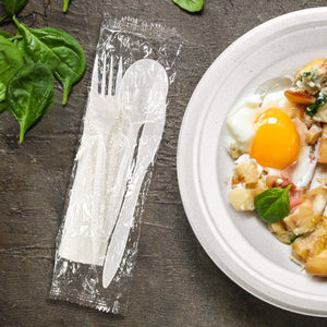 [250ct] PP Plastic Medium Weight Cutlery Kits (Knife,Fork,Soup Spoon,Napkin) | White