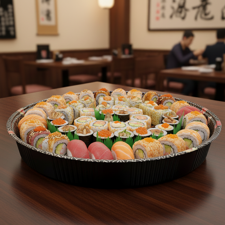[60ct] 14.8" PET Sushi Tray with Lid | Round | Black