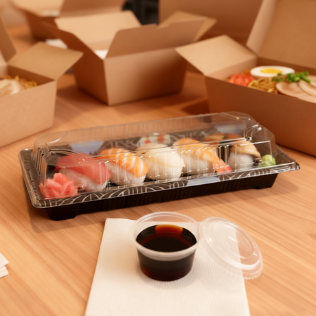 [1,400ct] PS Plastic 8 7/9" x 3 7/9" Sushi Tray Base with Lid | Black