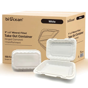 [150ct] 9"x 6" Mineral Filled  PP Hinged Containers | White
