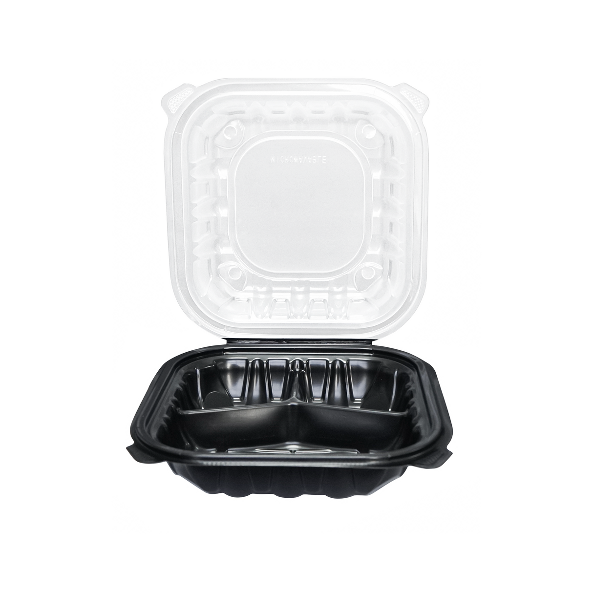 [100ct] 8" x 8"  Premium PP Hinged Food Containers | 3-Compartment | Clear and Black