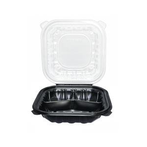 [100ct] 8" x 8"  Premium PP Hinged Food Containers | 3-Compartment | Clear and Black