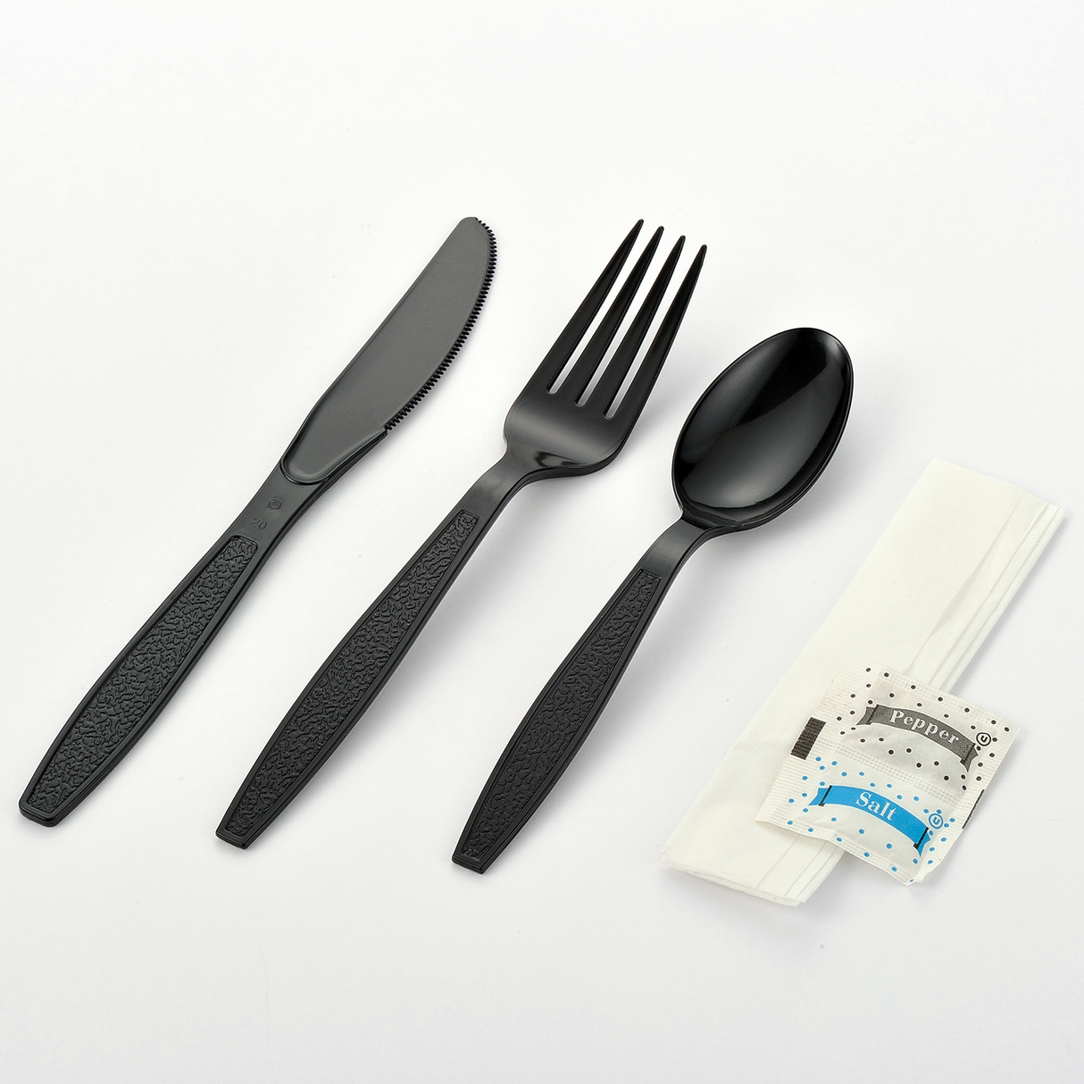 [250ct] PS Plastic Heavy Weight Texture Cutlery Kits with Salt and Pepper | Black