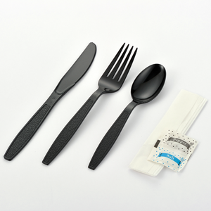 [250ct] PS Plastic Heavy Weight Texture Cutlery Kits with Salt and Pepper | Black