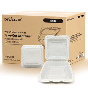 [150ct] 9" x 9" Mineral Filled  PP Hinged Containers | White