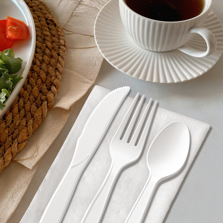 [250ct] PP Plastic Extra Heavy Weight  Cutlery Kits(Knife,Fork,Tea Spoon,Napkin) | White