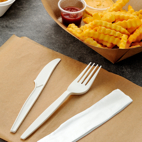 [250ct] PLA Heavy Weight Cutlery Kits (Knife, Fork, Napkin) | White