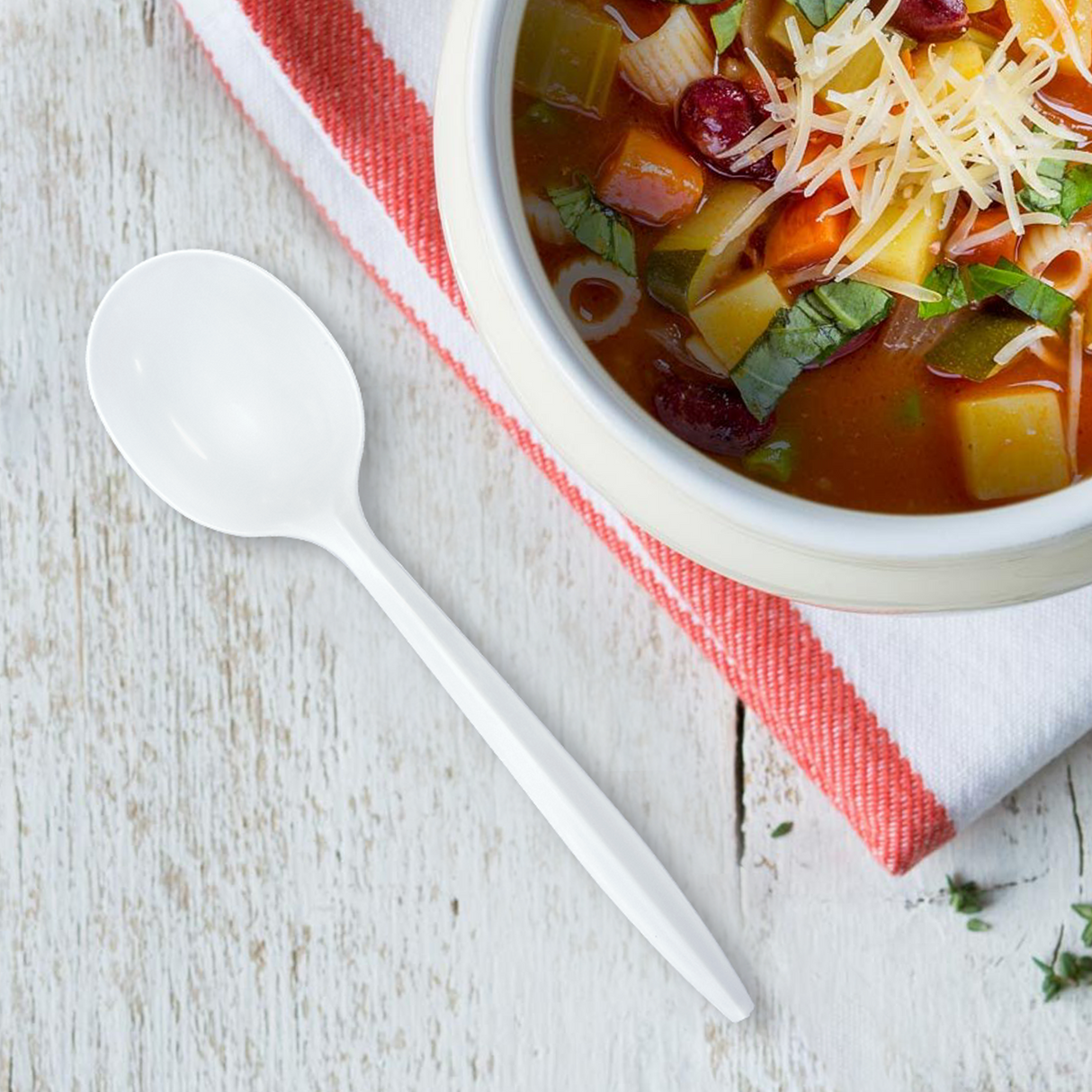 [1,000ct] PP Plastic Medium Weight Wrapped Soup Spoons | White