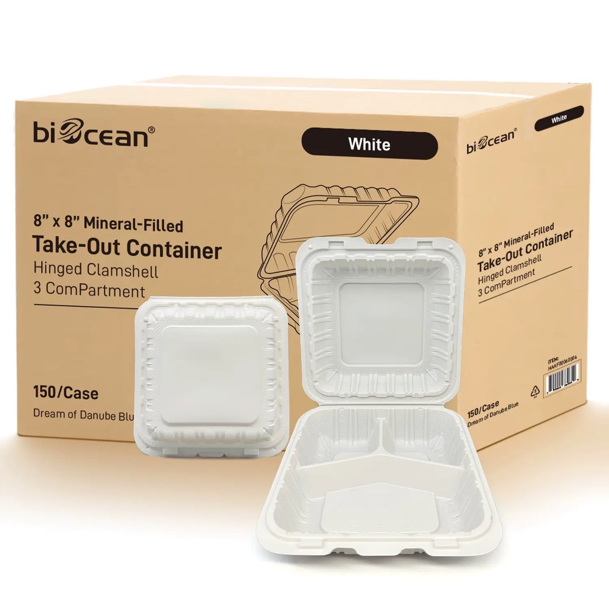 [150ct] 8"x 8" Mineral-Filled  PP Hinged Food Containers | 3-Compartment | White