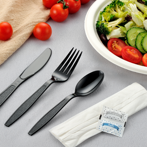 [500ct] PS Plastic Heavy Weight Cutlery Kits with Salt and Pepper | Black