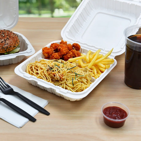 [150ct] 8"x 8" Mineral-Filled  PP Hinged Food Containers | 3-Compartment | White