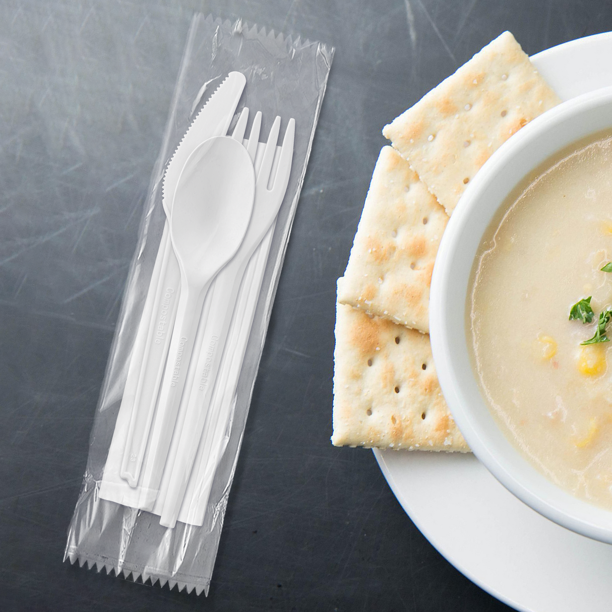 [250ct] PLA Heavy Weight Cutlery Kits (Knife, Fork,Tea Spoon,Napkin) | White