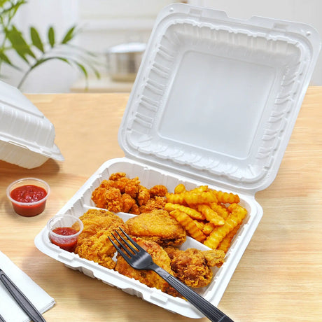 [150ct] 9" x 9" Mineral-Filled PP Hinged Food Containers | 3-Compartment | White