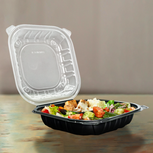 [100ct] 9" x 9"  Premium PP Hinged Food Containers | 3-Compartment | Clear and Black