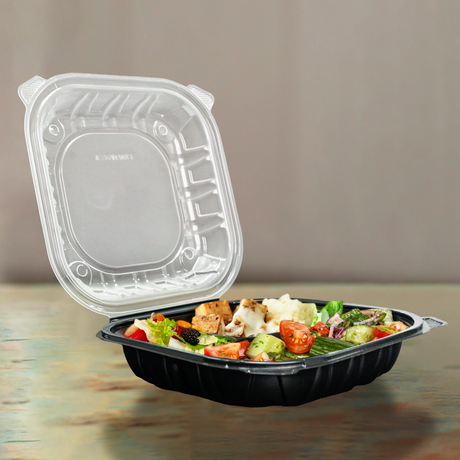 [100ct] 9" x 9"  Premium PP Hinged Food Containers | 3-Compartment | Clear and Black