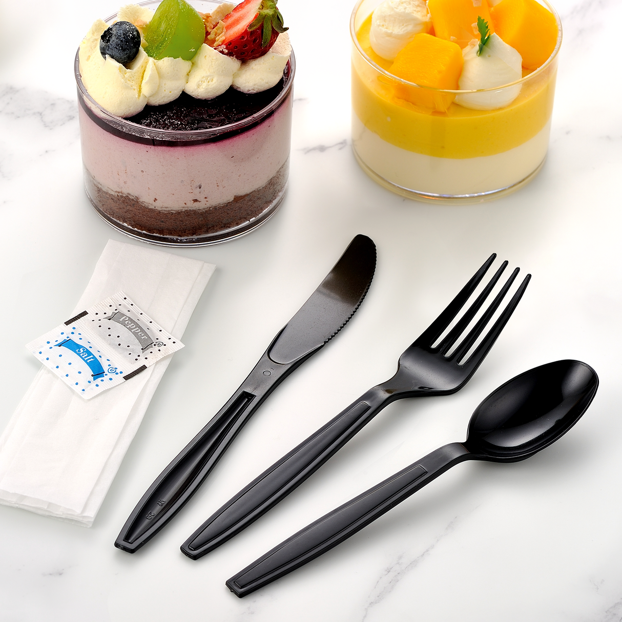 [250ct] PS Plastic Heavy Weight  Cutlery Kits with Salt and Pepper | Black