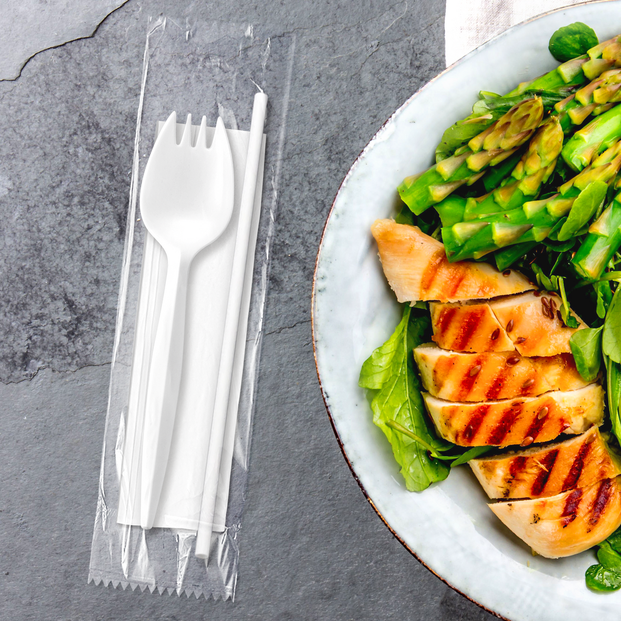 [1,000ct] PP Plastic Medium Weight Cutlery Kits (Spork, Straw,  Napkin) | White