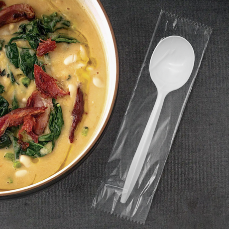 [1,000ct] PP Plastic Medium Weight Wrapped Soup Spoons | White