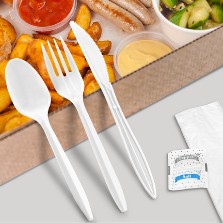 [250ct] PP Plastic Medium Weight Cutlery Kits with Salt and Pepper | White