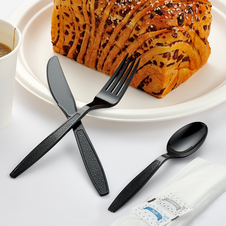 [250ct] PS Plastic Heavy Weight Texture Cutlery Kits with Salt and Pepper | Black