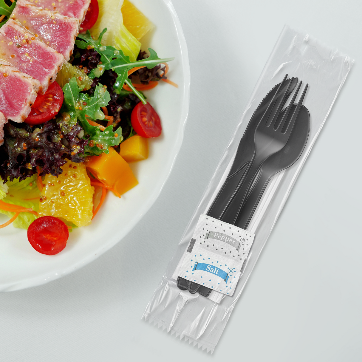 [250ct] PP Plastic Extra Heavy Weight Cutlery Kits with Salt and Pepper | Black