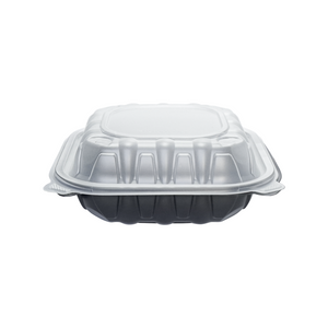 [100ct] 8" x 8"  Premium PP Hinged Food Containers | 3-Compartment | Clear and Black