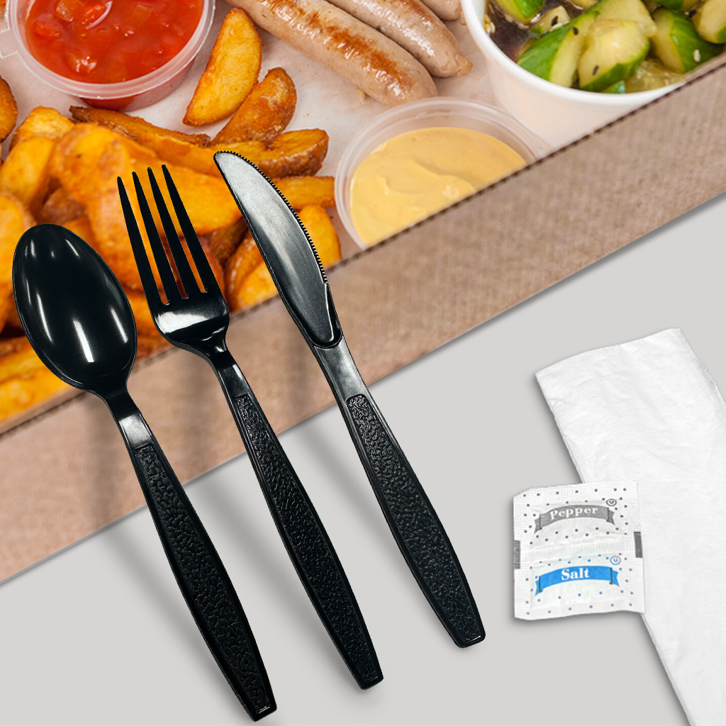 [250ct] PS Plastic Heavy Weight Texture Cutlery Kits with Salt and Pepper | Black