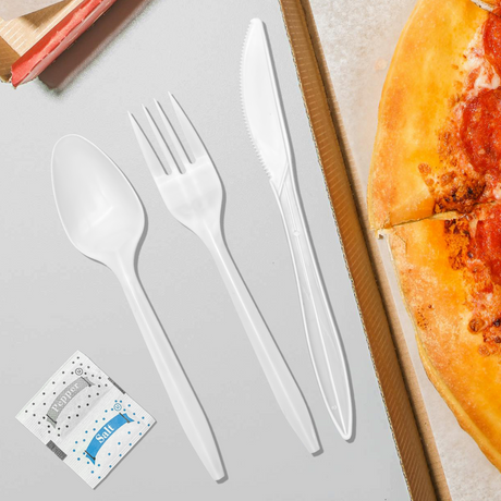 [500ct] PP Plastic Medium Weight Cutlery Kits with Salt and Pepper | White